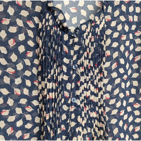 Old Navy Top Women Medium Sheer Loose Leaves Print Pleated Front Buttons Blue M - Picture 3 of 9